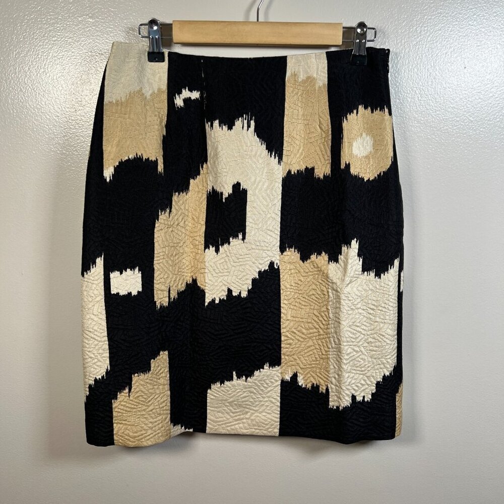 Etro Silk Wool Skirt Size IT 44 US 8 Black Ivory Abstract Print Career Work